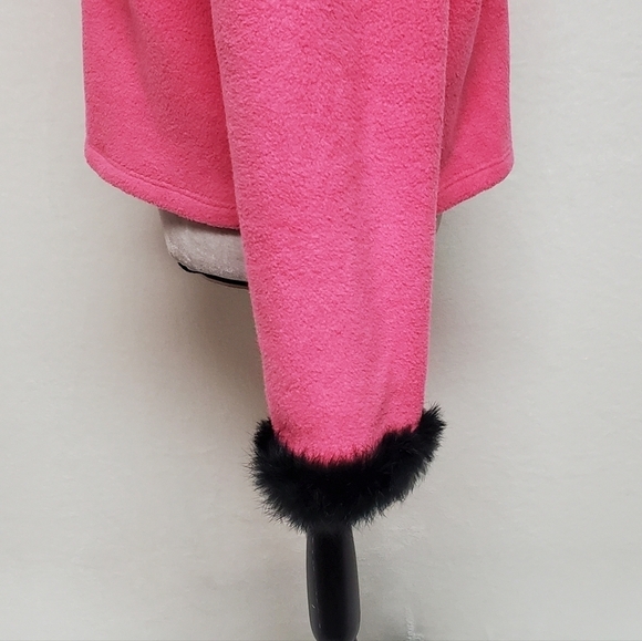 VINTAGE OOAK Upcycled Hot Pink Fleece Black Rabbit Fur Trim Full-zip Cardigan - Picture 10 of 16